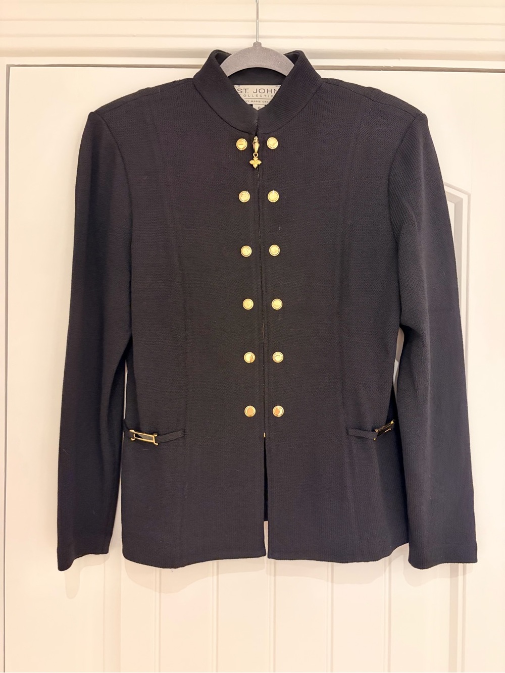 St. John Black Knit Military-Style Jacket with Gold Buttons